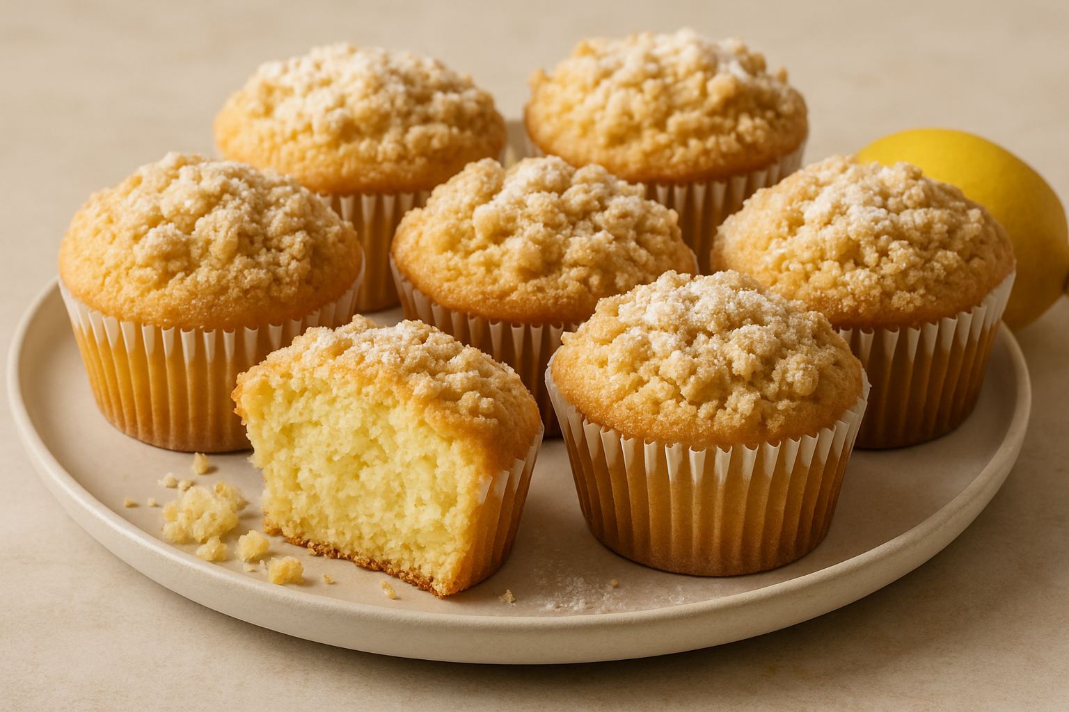 Golden lemon muffins with a delicate buttery streusel topping